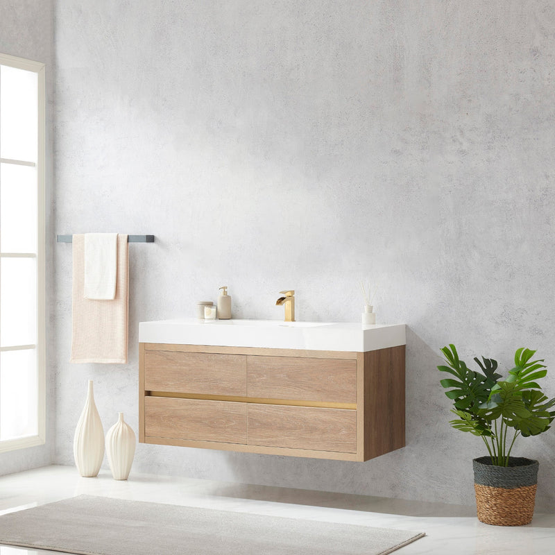 Vinnova 703148-NO-WH Palencia 48" Single Sink Wall-Mount Bath Vanity in North American Oak with White Composite Integral Square Sink Top