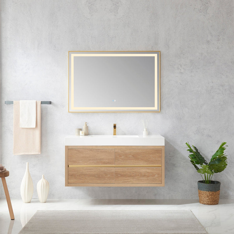 Vinnova 703148-NO-WH Palencia 48" Single Sink Wall-Mount Bath Vanity in North American Oak with White Composite Integral Square Sink Top