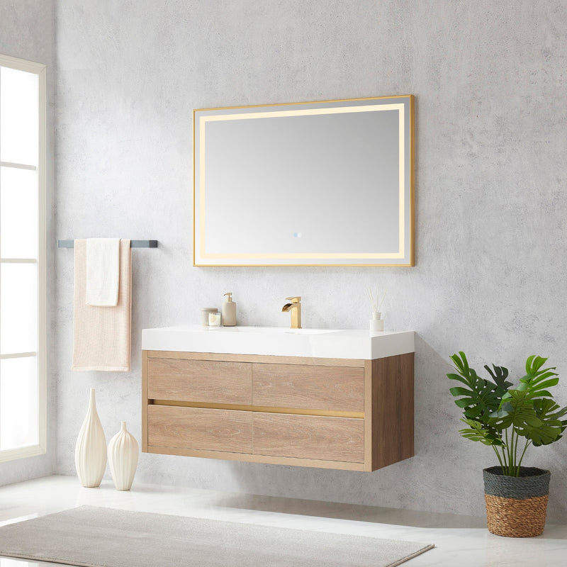 Vinnova 703148-NO-WH Palencia 48" Single Sink Wall-Mount Bath Vanity in North American Oak with White Composite Integral Square Sink Top
