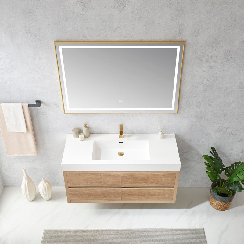 Vinnova 703148-NO-WH Palencia 48" Single Sink Wall-Mount Bath Vanity in North American Oak with White Composite Integral Square Sink Top