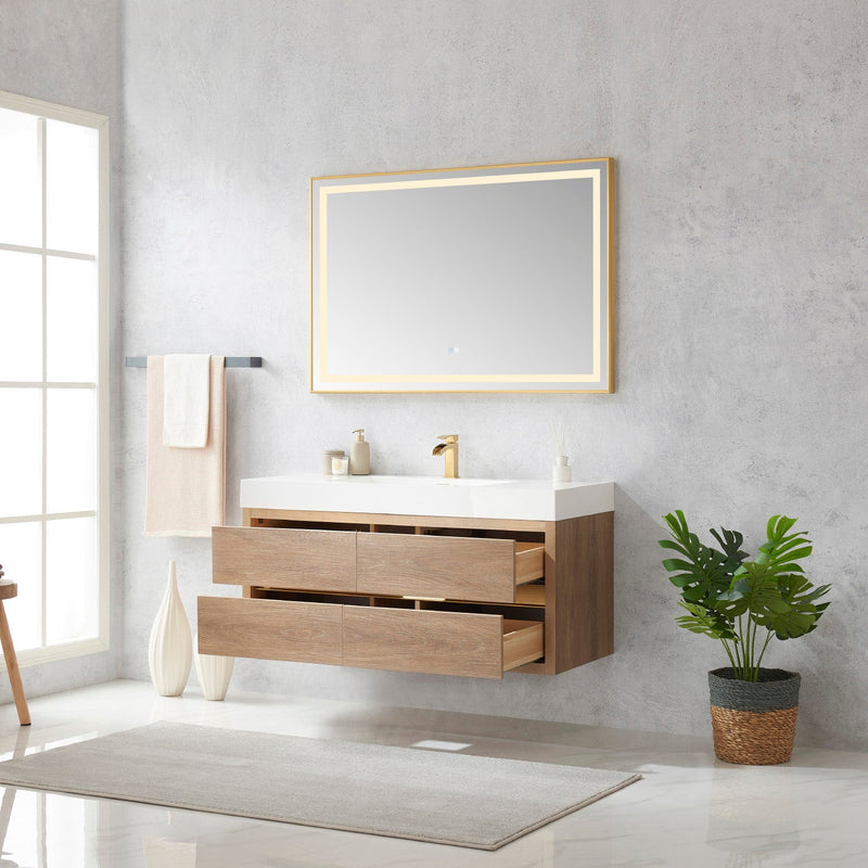 Vinnova 703148-NO-WH Palencia 48" Single Sink Wall-Mount Bath Vanity in North American Oak with White Composite Integral Square Sink Top
