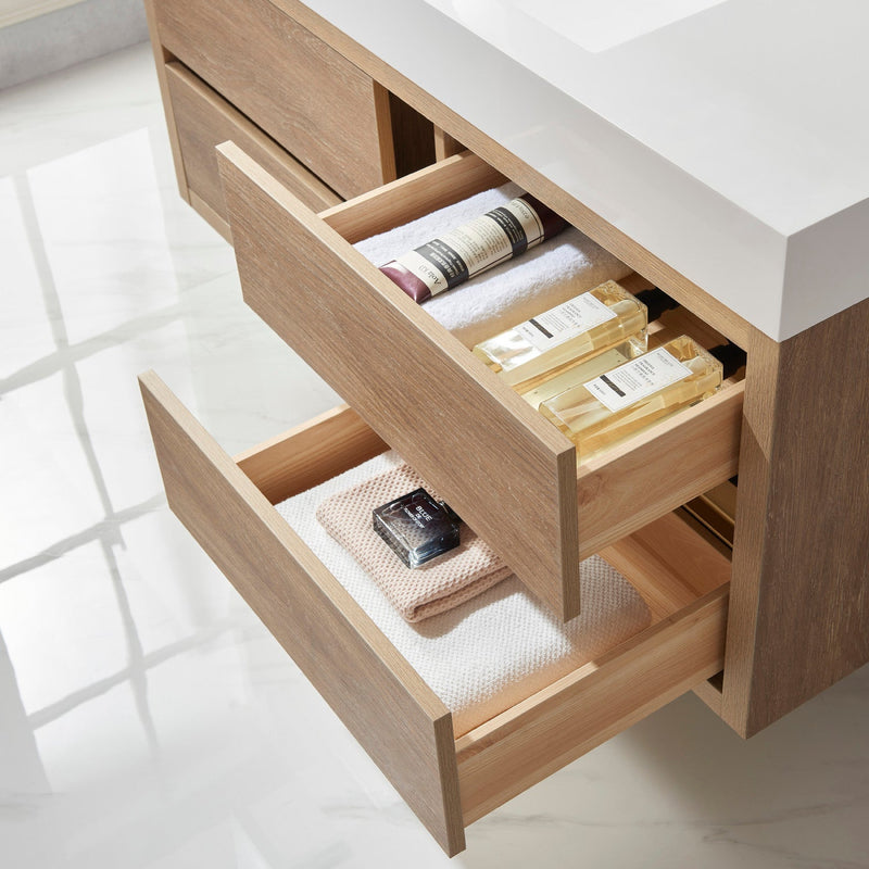 Vinnova 703148-NO-WH Palencia 48" Single Sink Wall-Mount Bath Vanity in North American Oak with White Composite Integral Square Sink Top