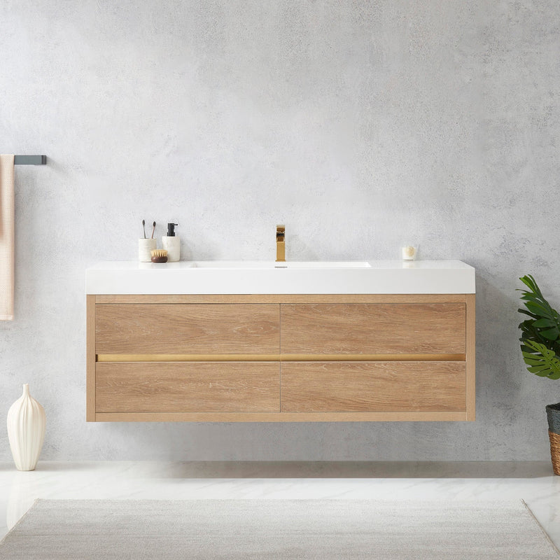 Vinnova 703160-NO-WH Palencia 60" Single Sink Wall-Mount Bath Vanity in North American Oak with White Composite Integral Square Sink Top