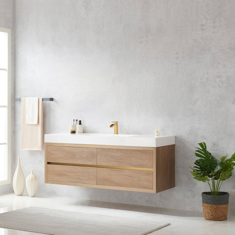Vinnova 703160-NO-WH Palencia 60" Single Sink Wall-Mount Bath Vanity in North American Oak with White Composite Integral Square Sink Top
