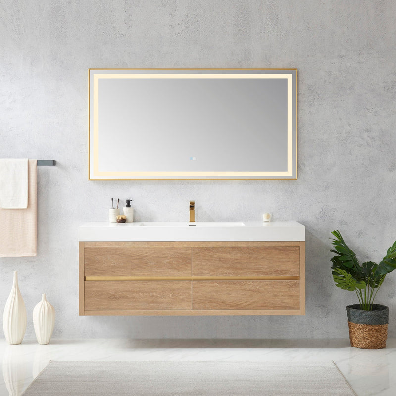 Vinnova 703160-NO-WH Palencia 60" Single Sink Wall-Mount Bath Vanity in North American Oak with White Composite Integral Square Sink Top