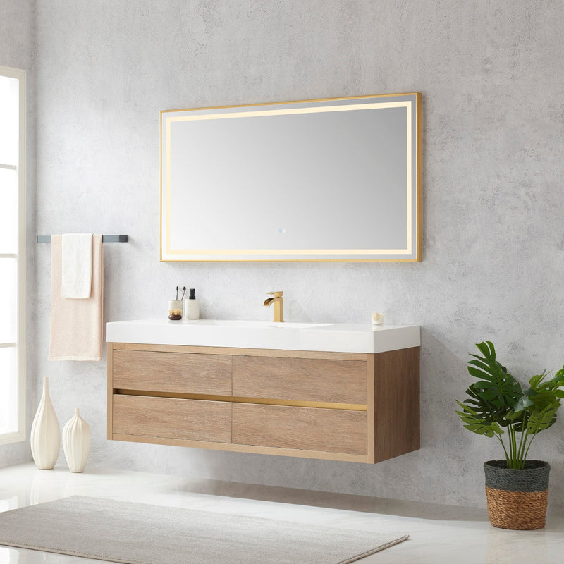 Vinnova 703160-NO-WH Palencia 60" Single Sink Wall-Mount Bath Vanity in North American Oak with White Composite Integral Square Sink Top