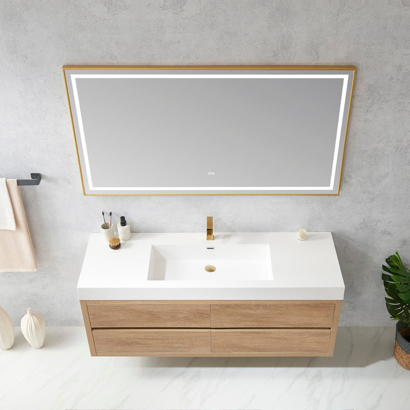 Vinnova 703160-NO-WH Palencia 60" Single Sink Wall-Mount Bath Vanity in North American Oak with White Composite Integral Square Sink Top