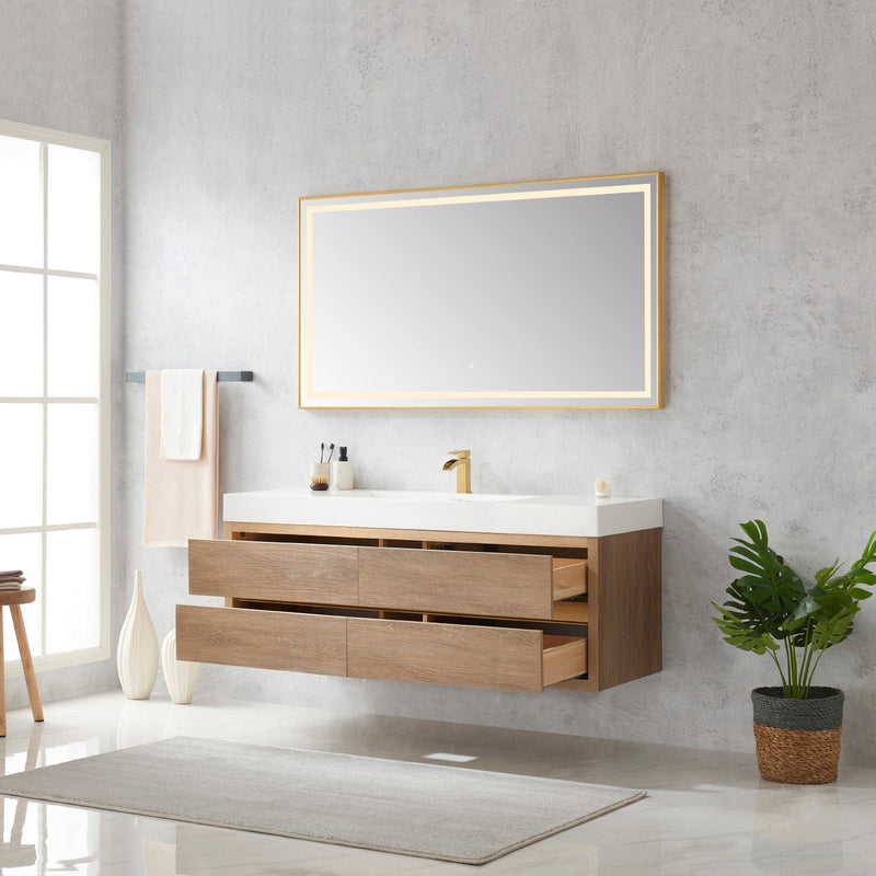 Vinnova 703160-NO-WH Palencia 60" Single Sink Wall-Mount Bath Vanity in North American Oak with White Composite Integral Square Sink Top