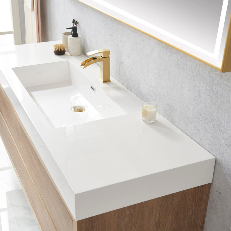 Vinnova 703160-NO-WH Palencia 60" Single Sink Wall-Mount Bath Vanity in North American Oak with White Composite Integral Square Sink Top