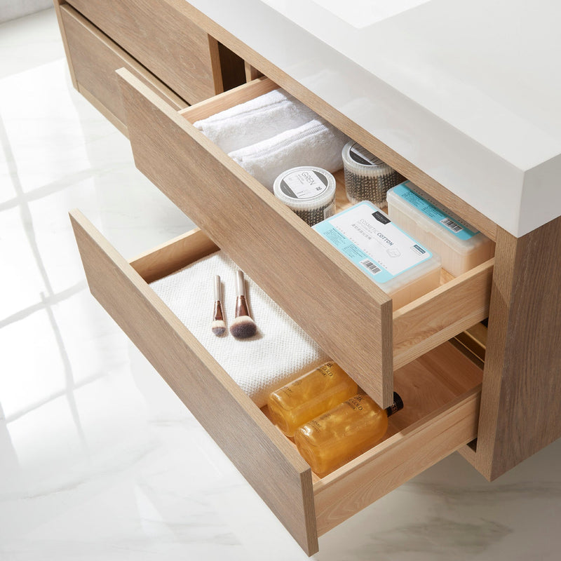 Vinnova 703160-NO-WH Palencia 60" Single Sink Wall-Mount Bath Vanity in North American Oak with White Composite Integral Square Sink Top