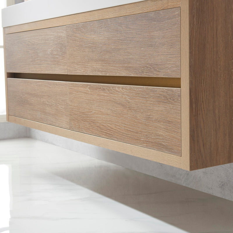 Vinnova 703160-NO-WH Palencia 60" Single Sink Wall-Mount Bath Vanity in North American Oak with White Composite Integral Square Sink Top