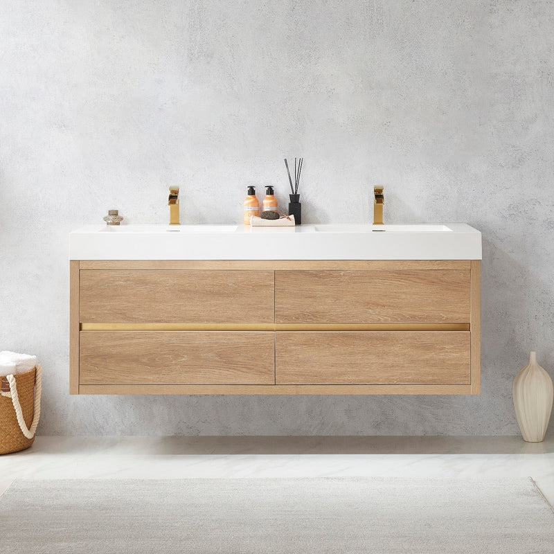 Vinnova 703160M-NO-WH Palencia 60M" Double Sink Wall-Mount Bath Vanity in North American Oak with White Composite Integral Square Sink Top