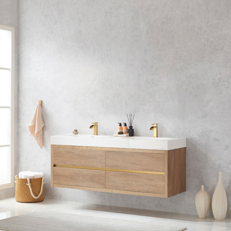 Vinnova 703160M-NO-WH Palencia 60M" Double Sink Wall-Mount Bath Vanity in North American Oak with White Composite Integral Square Sink Top