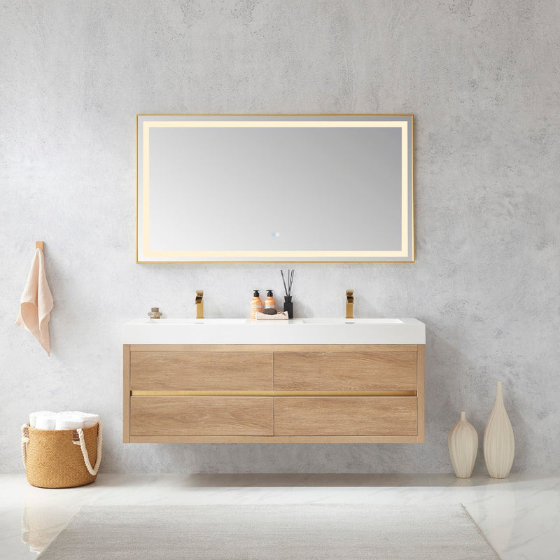 Vinnova 703160M-NO-WH Palencia 60M" Double Sink Wall-Mount Bath Vanity in North American Oak with White Composite Integral Square Sink Top