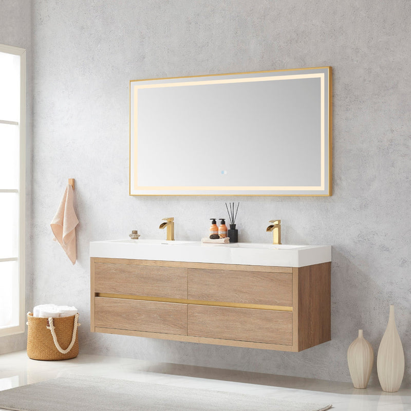 Vinnova 703160M-NO-WH Palencia 60M" Double Sink Wall-Mount Bath Vanity in North American Oak with White Composite Integral Square Sink Top