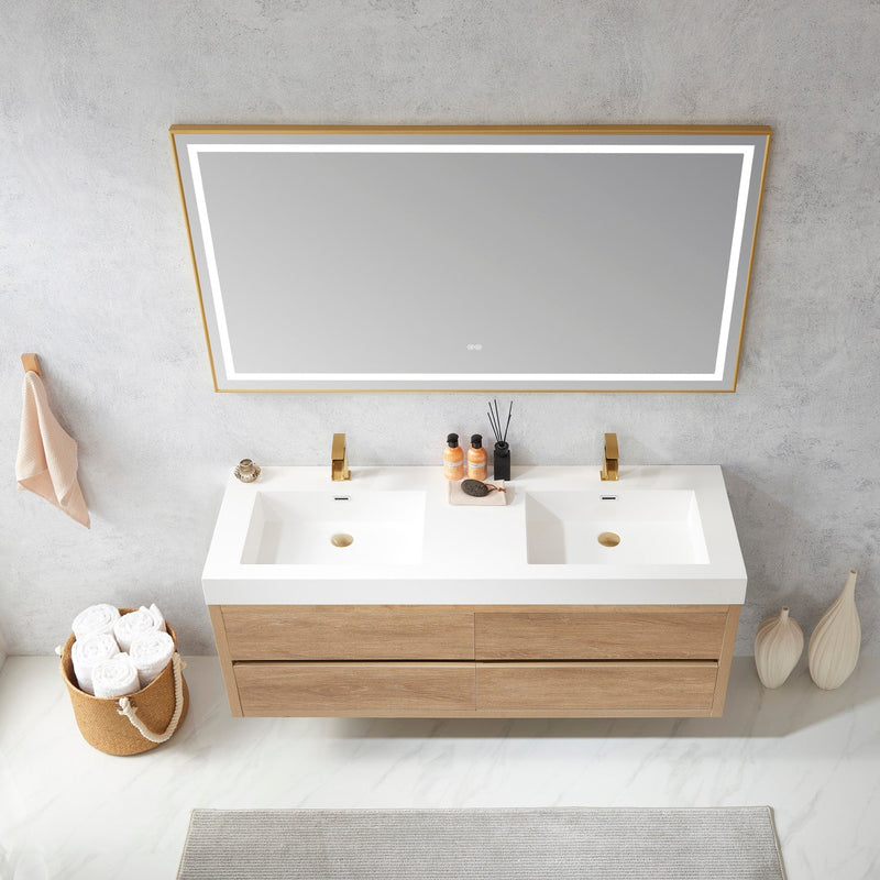 Vinnova 703160M-NO-WH Palencia 60M" Double Sink Wall-Mount Bath Vanity in North American Oak with White Composite Integral Square Sink Top