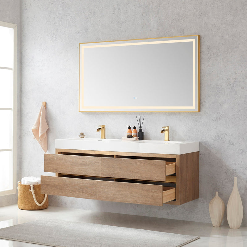 Vinnova 703160M-NO-WH Palencia 60M" Double Sink Wall-Mount Bath Vanity in North American Oak with White Composite Integral Square Sink Top