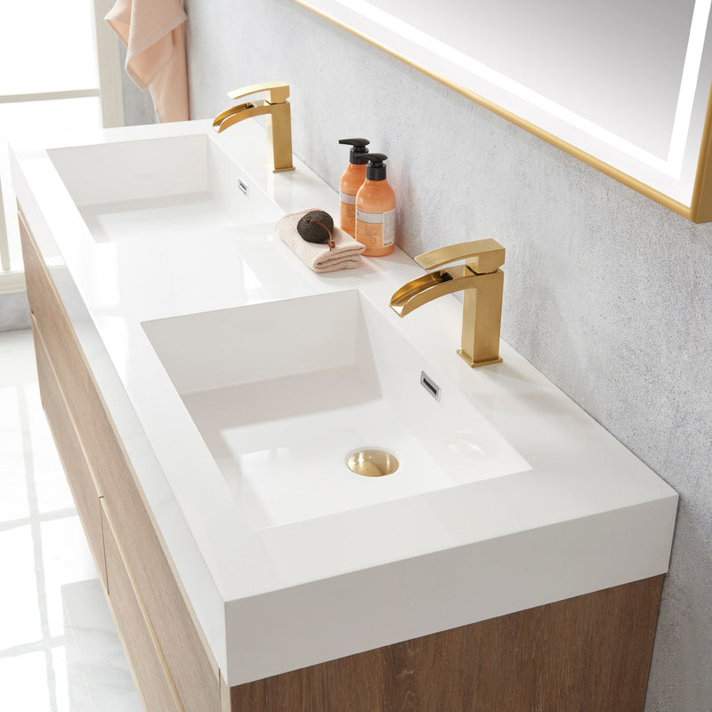 Vinnova 703160M-NO-WH Palencia 60M" Double Sink Wall-Mount Bath Vanity in North American Oak with White Composite Integral Square Sink Top