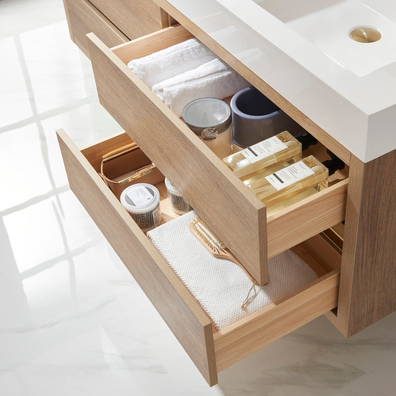 Vinnova 703160M-NO-WH Palencia 60M" Double Sink Wall-Mount Bath Vanity in North American Oak with White Composite Integral Square Sink Top