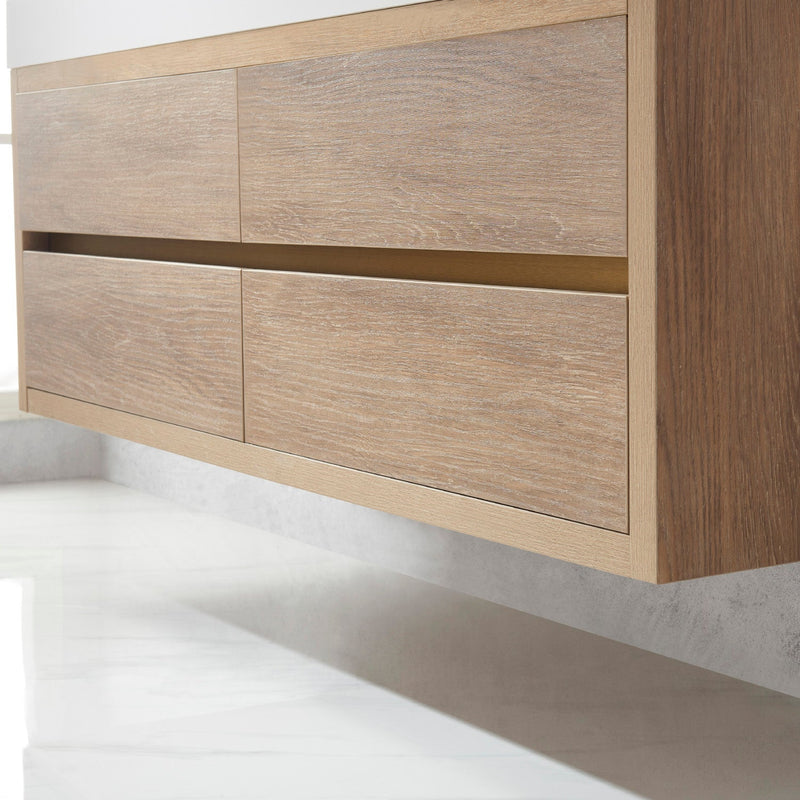 Vinnova 703160M-NO-WH Palencia 60M" Double Sink Wall-Mount Bath Vanity in North American Oak with White Composite Integral Square Sink Top