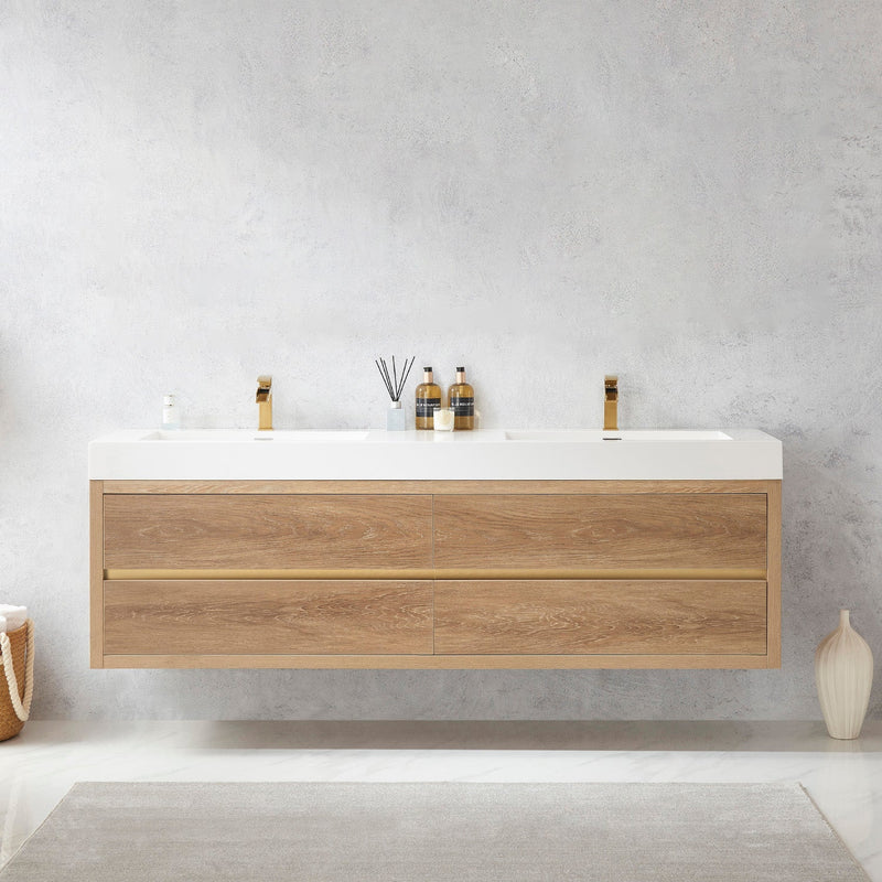 Vinnova 703172-NO-WH Palencia 72" Double Sink Wall-Mount Bath Vanity in North American Oak with White Composite Integral Square Sink Top