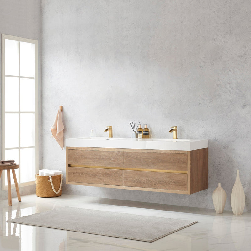 Vinnova 703172-NO-WH Palencia 72" Double Sink Wall-Mount Bath Vanity in North American Oak with White Composite Integral Square Sink Top