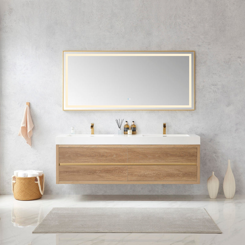 Vinnova 703172-NO-WH Palencia 72" Double Sink Wall-Mount Bath Vanity in North American Oak with White Composite Integral Square Sink Top