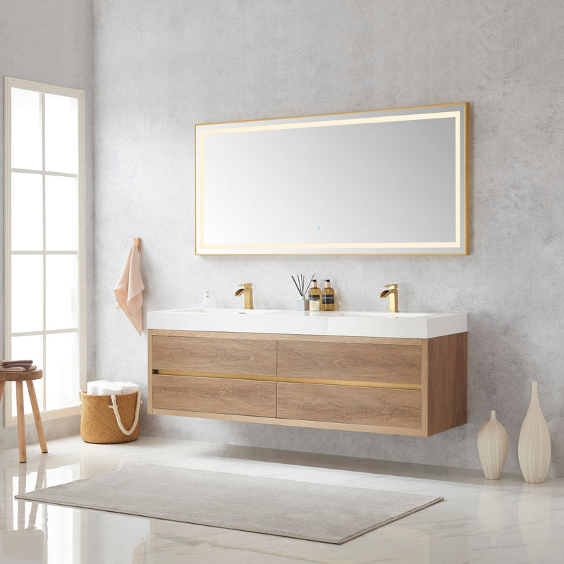 Vinnova 703172-NO-WH Palencia 72" Double Sink Wall-Mount Bath Vanity in North American Oak with White Composite Integral Square Sink Top