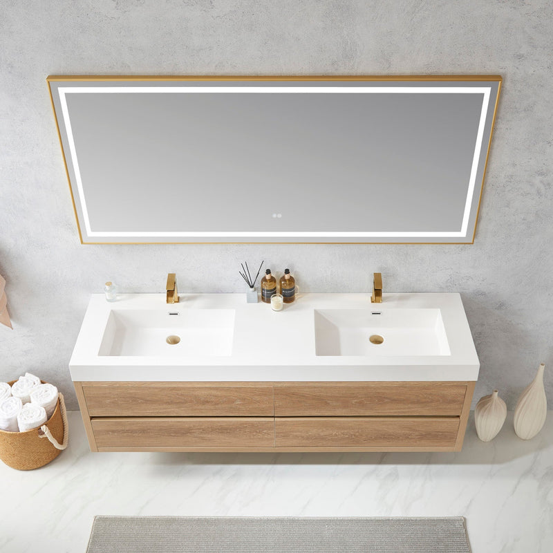 Vinnova 703172-NO-WH Palencia 72" Double Sink Wall-Mount Bath Vanity in North American Oak with White Composite Integral Square Sink Top