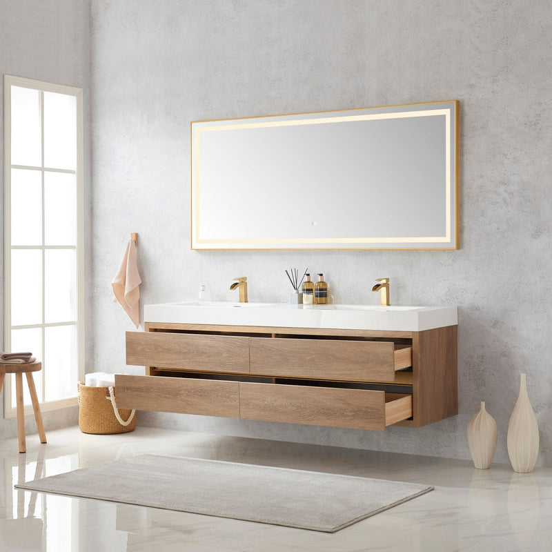 Vinnova 703172-NO-WH Palencia 72" Double Sink Wall-Mount Bath Vanity in North American Oak with White Composite Integral Square Sink Top