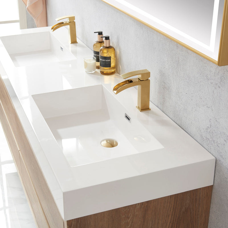 Vinnova 703172-NO-WH Palencia 72" Double Sink Wall-Mount Bath Vanity in North American Oak with White Composite Integral Square Sink Top