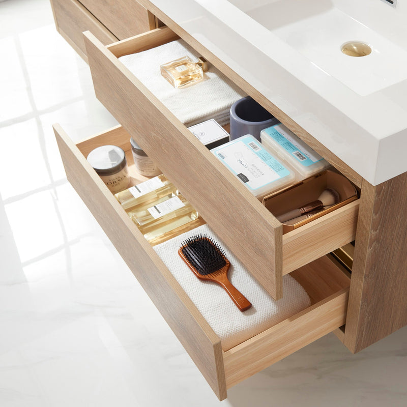 Vinnova 703172-NO-WH Palencia 72" Double Sink Wall-Mount Bath Vanity in North American Oak with White Composite Integral Square Sink Top