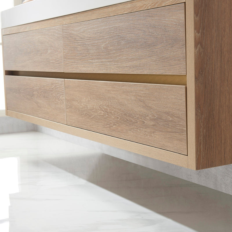 Vinnova 703172-NO-WH Palencia 72" Double Sink Wall-Mount Bath Vanity in North American Oak with White Composite Integral Square Sink Top