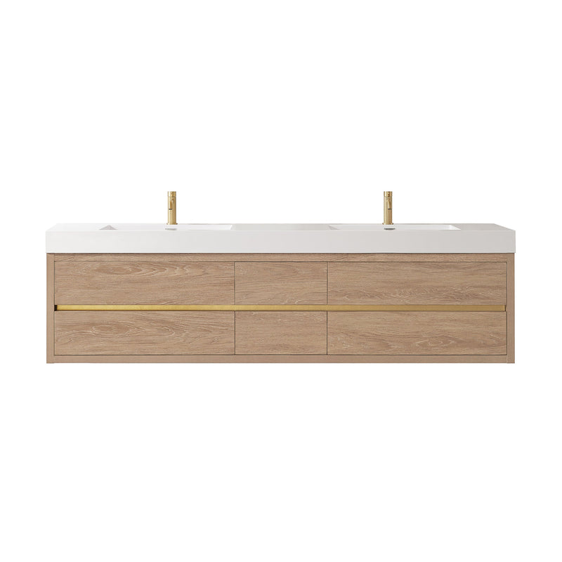 Vinnova 703184-NO-WH Palencia 84" Double Sink Wall-Mount Bath Vanity in North American Oak with White Composite Integral Sink Top