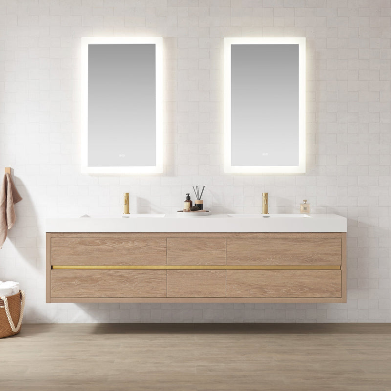 Vinnova 703184-NO-WH Palencia 84" Double Sink Wall-Mount Bath Vanity in North American Oak with White Composite Integral Sink Top