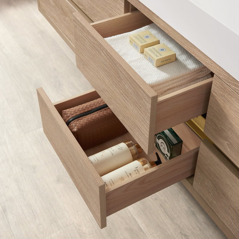 Vinnova 703184-NO-WH Palencia 84" Double Sink Wall-Mount Bath Vanity in North American Oak with White Composite Integral Sink Top