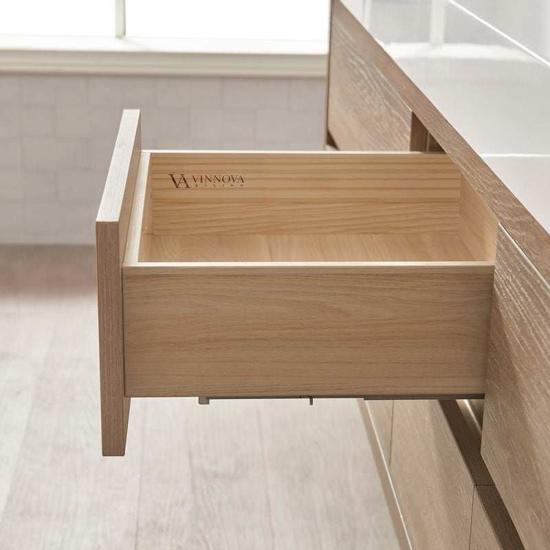 Vinnova 703184-NO-WH Palencia 84" Double Sink Wall-Mount Bath Vanity in North American Oak with White Composite Integral Sink Top