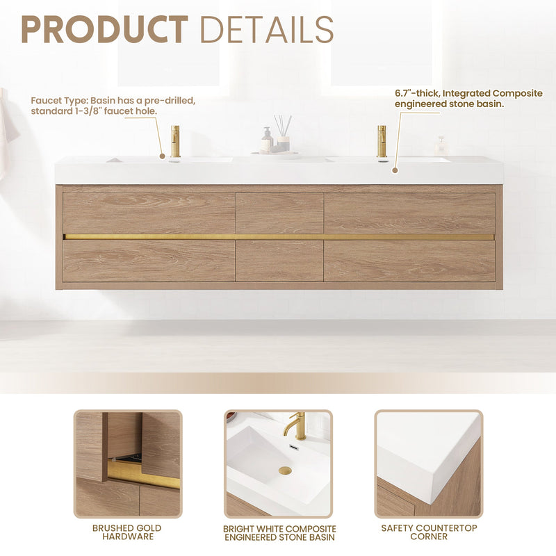 Vinnova 703184-NO-WH Palencia 84" Double Sink Wall-Mount Bath Vanity in North American Oak with White Composite Integral Sink Top