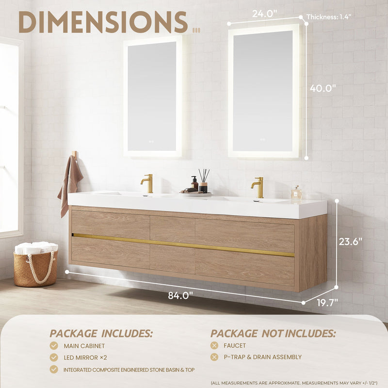 Vinnova 703184-NO-WH Palencia 84" Double Sink Wall-Mount Bath Vanity in North American Oak with White Composite Integral Sink Top