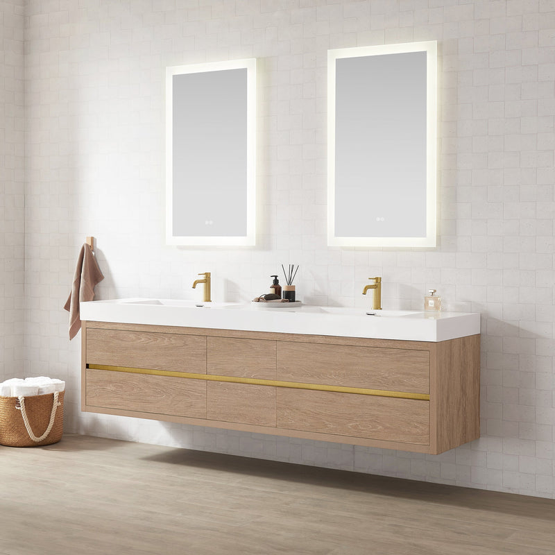 Vinnova 703184-NO-WH Palencia 84" Double Sink Wall-Mount Bath Vanity in North American Oak with White Composite Integral Sink Top