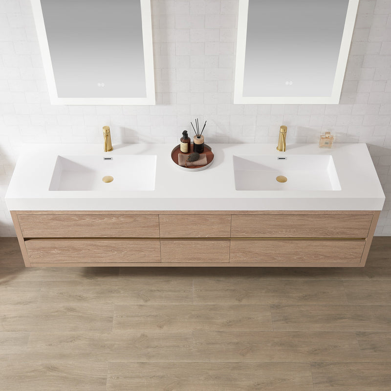 Vinnova 703184-NO-WH Palencia 84" Double Sink Wall-Mount Bath Vanity in North American Oak with White Composite Integral Sink Top