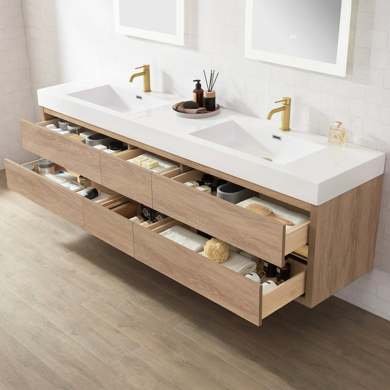 Vinnova 703184-NO-WH Palencia 84" Double Sink Wall-Mount Bath Vanity in North American Oak with White Composite Integral Sink Top