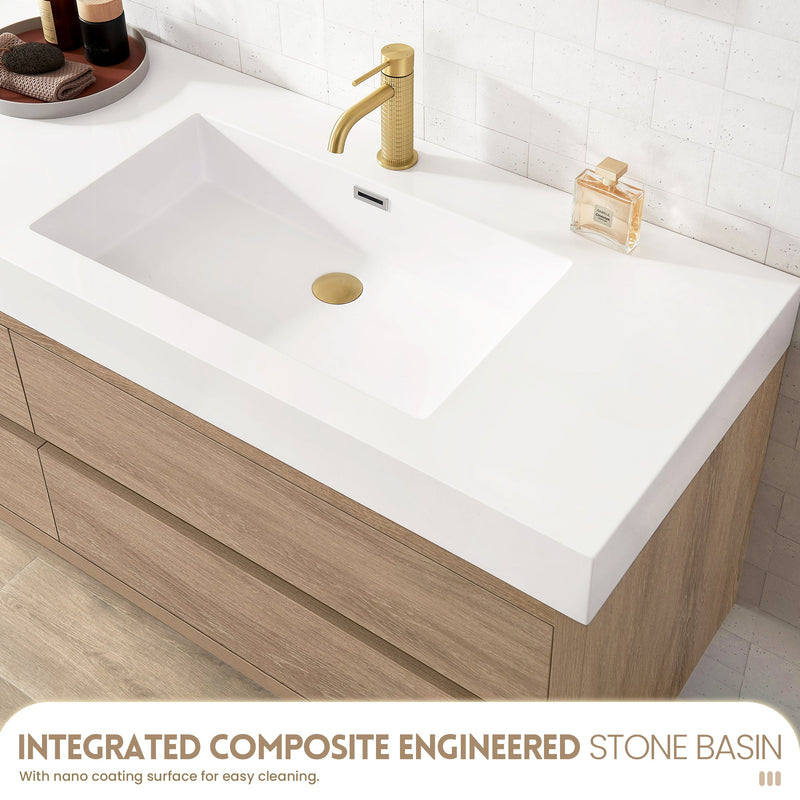 Vinnova 703184-NO-WH Palencia 84" Double Sink Wall-Mount Bath Vanity in North American Oak with White Composite Integral Sink Top