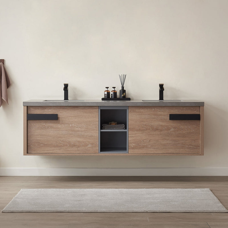 Vinnova 703272-NO-WK Carcastillo 72" Double Sink Bath Vanity in North American Oak with Grey Sintered Stone Top