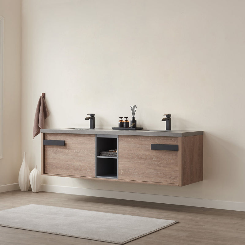 Vinnova 703272-NO-WK Carcastillo 72" Double Sink Bath Vanity in North American Oak with Grey Sintered Stone Top