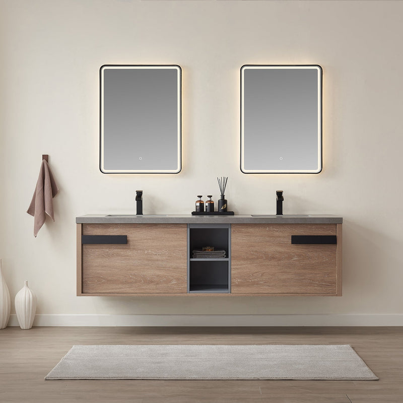 Vinnova 703272-NO-WK Carcastillo 72" Double Sink Bath Vanity in North American Oak with Grey Sintered Stone Top