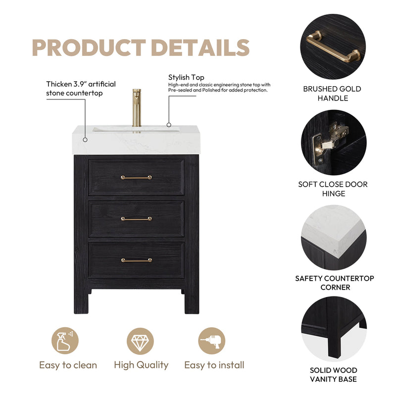 Vinnova 703824-FB-LW León 24" Free-standing Single Bathroom Vanity in Fir Wood Black