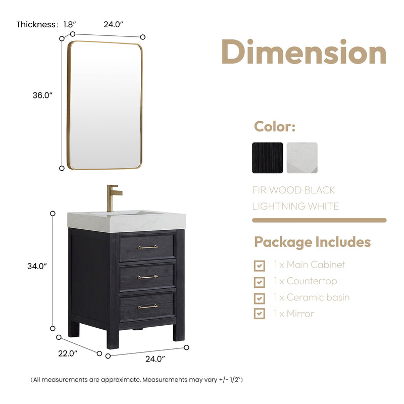 Vinnova 703824-FB-LW León 24" Free-standing Single Bathroom Vanity in Fir Wood Black