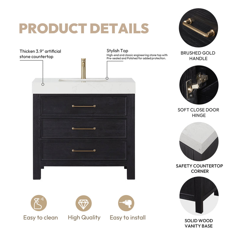 Vinnova 703836-FB-LW León 36" Free-standing Single Bathroom Vanity in Fir Wood Black