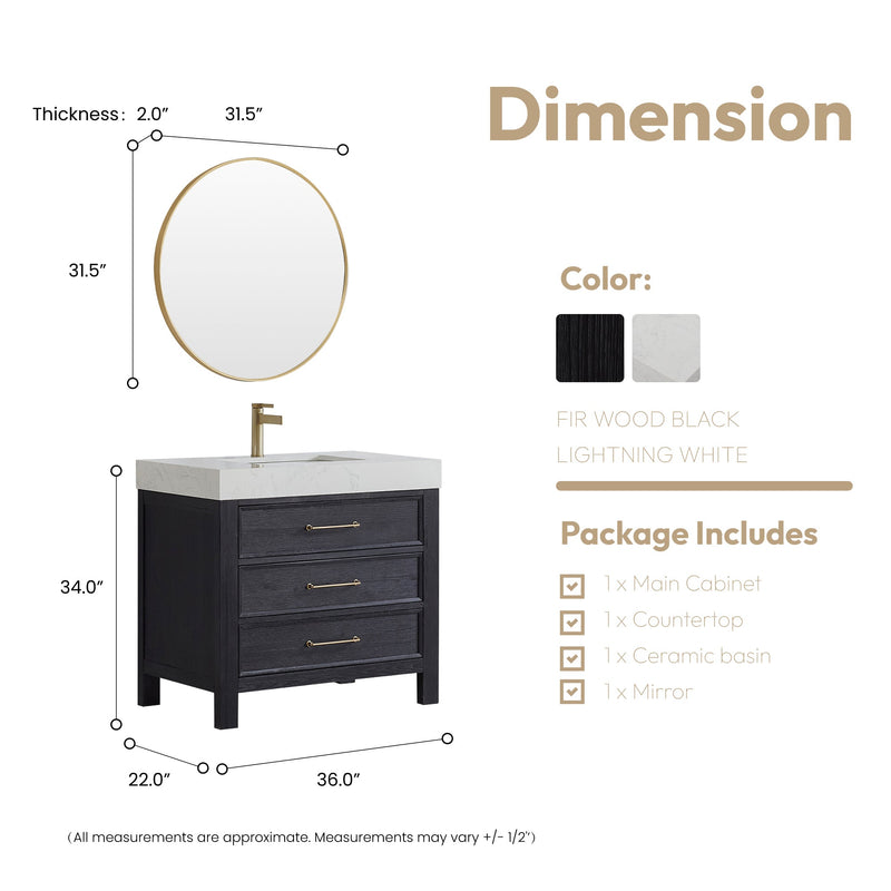 Vinnova 703836-FB-LW León 36" Free-standing Single Bathroom Vanity in Fir Wood Black